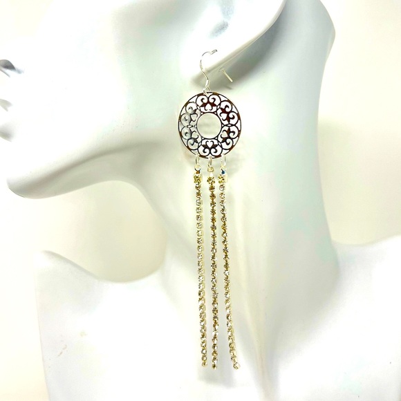 Hand Crafted Jewelry - Long cocktail earrings with dangling rhinestone chain and filigree base